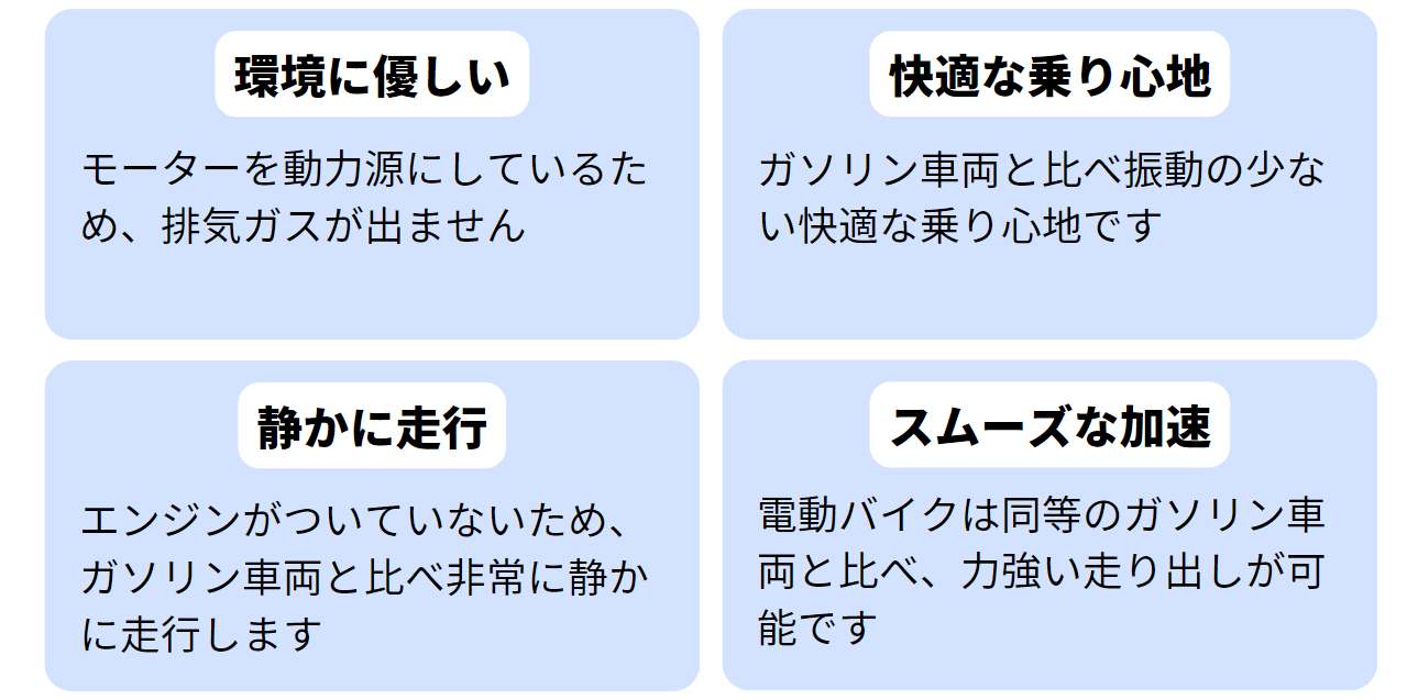 電動バイクは、①環境に優しい②快適な乗り心地③静かな走行④スムーズな加速　の4つの特徴があります
